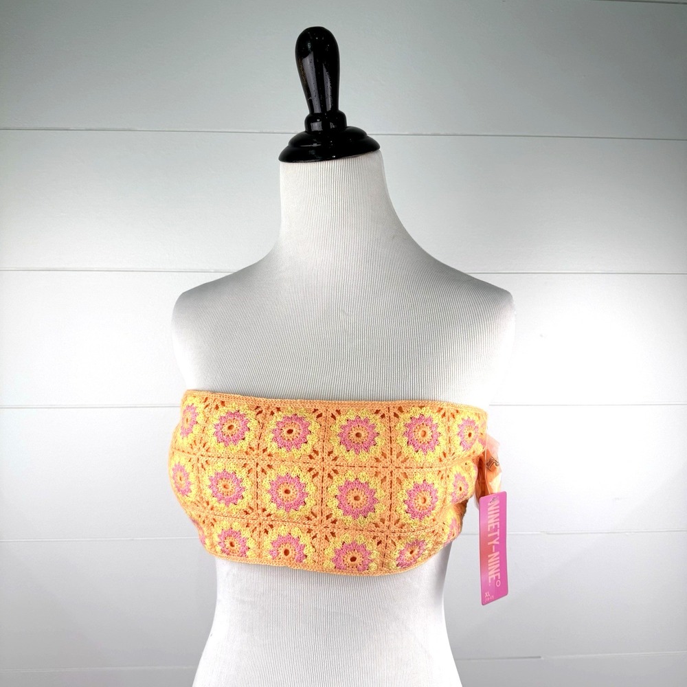 New Crocheted Bandeau Halter Bikini Swimsuit Top Jr XL 15 Granny Square Festival